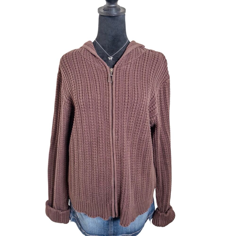 Y2K Relativity Brown Chunky Knit Cotton Zip Hoodie Sweater XL - Picture 2 of 8